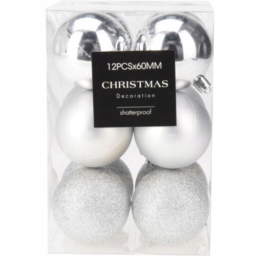 Bombki choinkowe zestaw 12 szt. srebrne 6 cm mic brokat, lustro, błysk