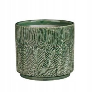Doniczka okrągła kamionka ceramiczna zielona liście 15x17cm Nori