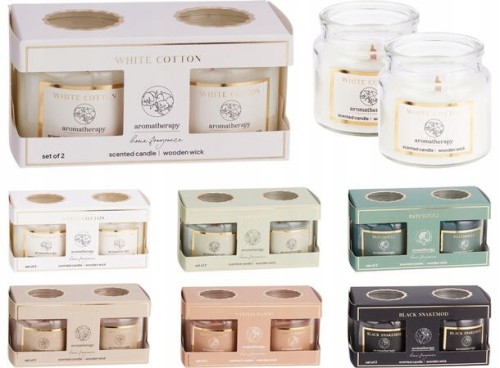 Świece zapachowe w szkle z drewnianym knotem 6x6 cm zestaw 2 sztuk