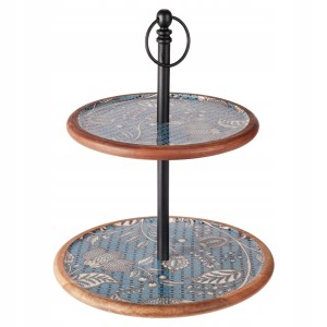 Patera dwupoziomowa drewniana niebieska w kwiatowy wzór 43x30 cm