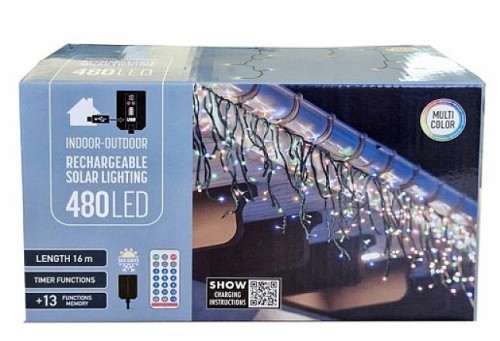 Lampki choinkowe sople 480 LED solarne z pilotem USB multikolor 16 m