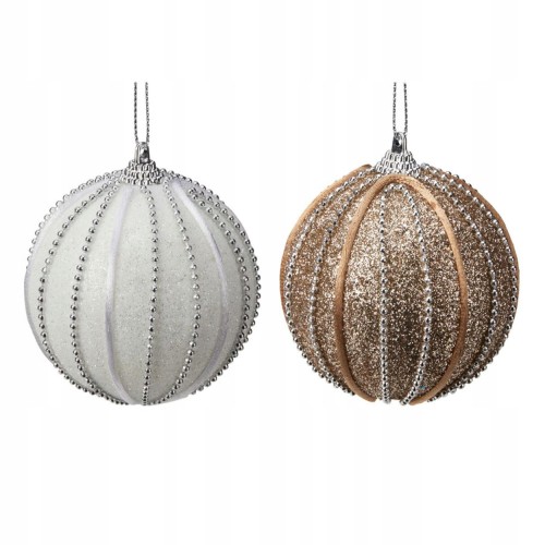 Bombka choinkowa 1 szt. brokatowa biała szampańska w paski 8 cm