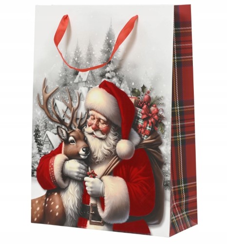 Torebka świąteczna prezentowa Święty Mikołaj krata XXL 50x70cm 1szt