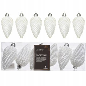 Zestaw 6 bombek choinkowych nietłukące plastikowe szyszki białe 4,5x8cm