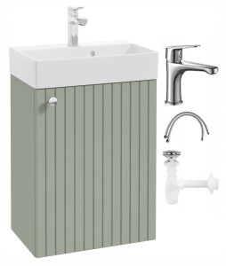 Szafka łazienkowa wisząca z umywalką eukaliptus z baterią chrom i uchwytem 50x70cm Kiara