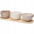 Zestaw 3 miseczek ceramicznych na drewnianej desce do serwowania 28,5x9cm