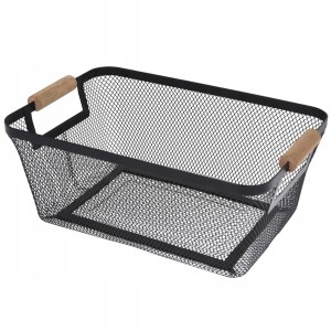 Koszyk do przechowywania metalowy czarny drewniane uchwyty 35,5x23x16cm