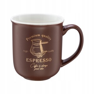 Kubek porcelanowy 380 ml brązowy ze złotymi napisami na ciepły napój 1 szt.
