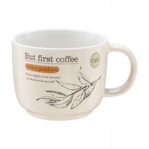 Kubek porcelanowy 400 ml kremowy z motywem liści na kawę i herbatę 1 szt.