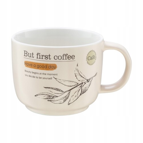 Kubek porcelanowy 400 ml kremowy z motywem liści na kawę i herbatę 1 szt.