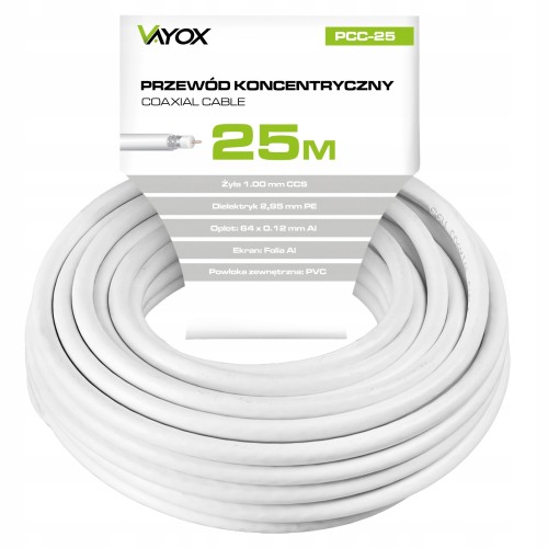 Kabel koncentryczny antenowy 25 m RG6 75 Ohm TV SAT LTE odporny na UV