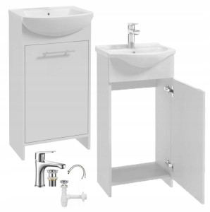 Szafka łazienkowa z umywalką biała z wydłużoną baterią chrom i syfonem 84x45cm Frigo