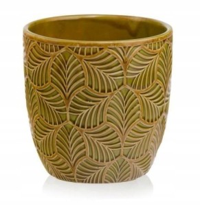 Osłonka ceramiczna musztardowa z motywem liści 13 cm do kwiatków 1 szt.
