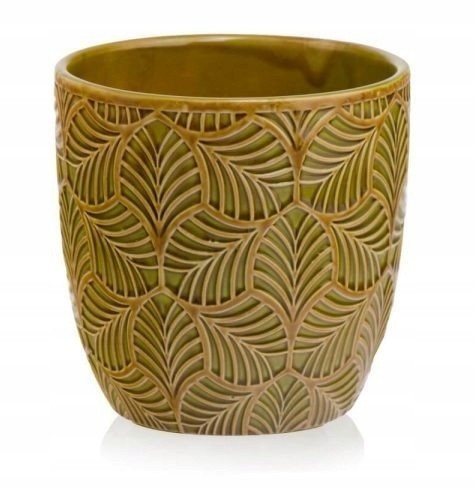 Osłonka ceramiczna musztardowa z motywem liści 13 cm do kwiatków 1 szt.