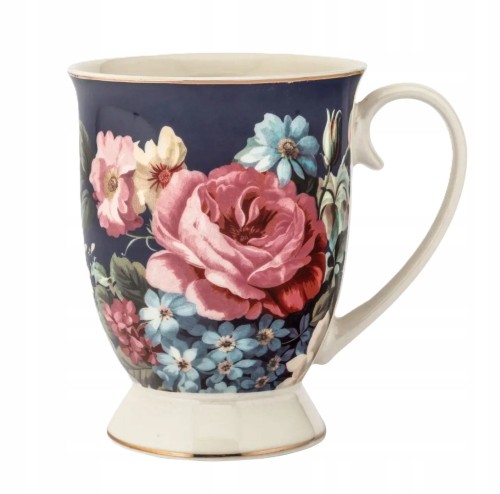 Kubek porcelanowy granatowy w róże na stopce elegancki 320ml 1szt Róża