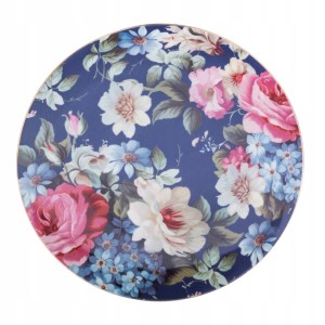 Talerz deserowy ceramiczny niebieski w kwiatki róże 20cm 1szt Róża
