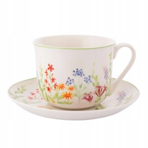 Filiżanka ze spodkiem ceramiczna biała w kwiatki 450ml 1szt Jumbo