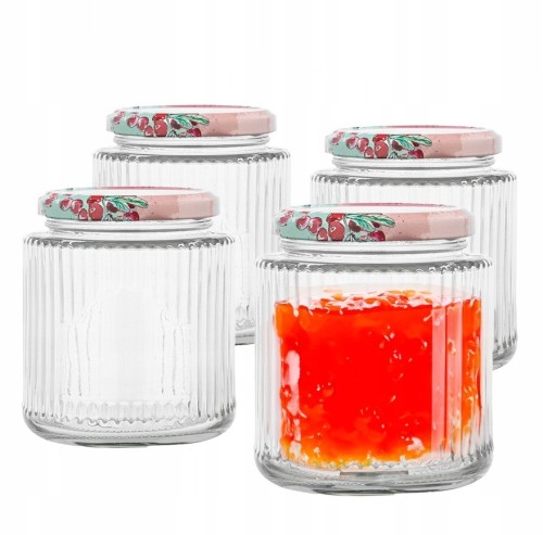 Słoiki szklane ryflowane z zakrętkami i etykietami zestaw 4 sztuk 240ml