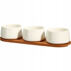 Zestaw 3 miseczek ceramicznych do serwowania z tacą bambusową 32cm