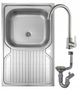 Zlewozmywak jednokomorowy stalowy otwór na baterię + bateria + syfon 80x60