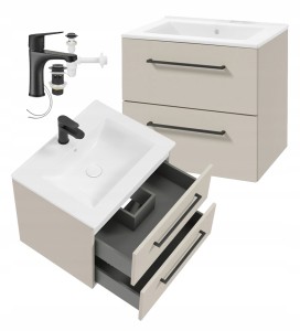 Szafka łazienkowa z umywalką i czarną baterią wisząca podwieszana kaszmir 60x50cm Pinia