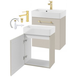 Szafka łazienkowa wisząca z umywalką i złotą baterią kaszmir 60x50cm Elara
