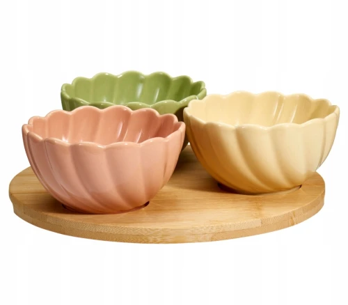 Zestaw do serwowania bambusowa deska + 3 miseczki kwiatki kolorowe