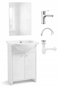 Zestaw łazienkowy szafka z umywalką lustrem baterią i syfonem 85x65cm stojąca biała Diana