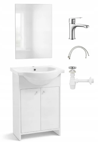 Zestaw łazienkowy szafka z umywalką lustrem baterią i syfonem 85x65cm stojąca biała Diana