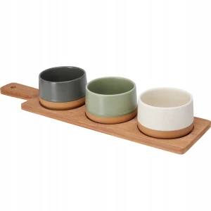 Zestaw do serwowania bambusowa deska + 3 miseczki ceramiczne kolorowe