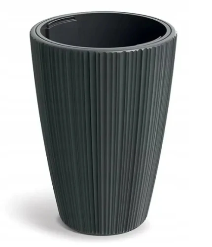 Doniczka plastikowa osłonka ryflowana z wkładem wysoka ciemny szary 29,8cm Oro