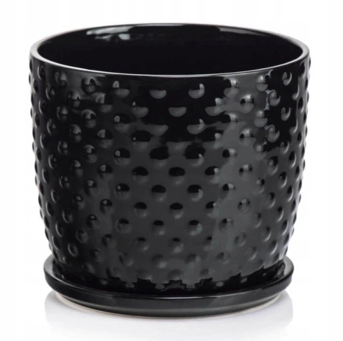 Doniczka ceramiczna z podstawką osłonka okrągła tłoczenia czarna 20cm