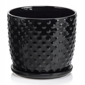 Doniczka ceramiczna z podstawką osłonka okrągła tłoczenia czarna 13cm
