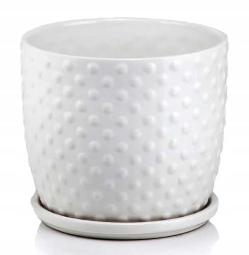 Doniczka ceramiczna z podstawką osłonka okrągła tłoczenia biała 20cm