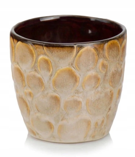 Doniczka ceramiczna osłonka okrągła tłoczenia vintage brązowo-żółta 14cm