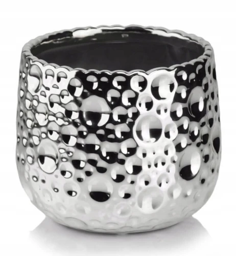 Doniczka ceramiczna osłonka okrągła nieregularne tłoczenia srebrna 18cm
