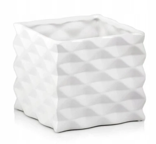 Doniczka ceramiczna osłonka kwadratowa tłoczenia biała 14cm