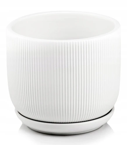 Doniczka ceramiczna osłonka z podstawką ryflowana okrągła biała 14cm