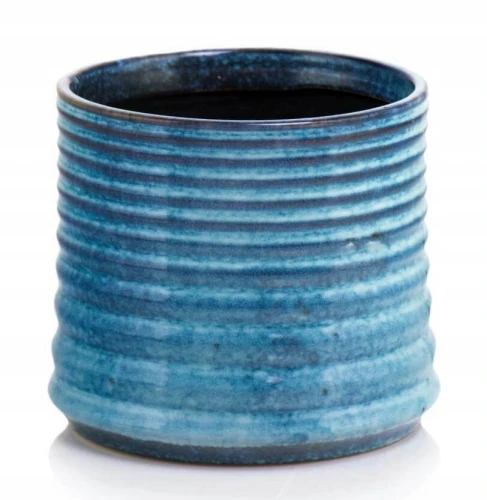 Doniczka ceramiczna osłonka cylinder vintage niebieska 14cm