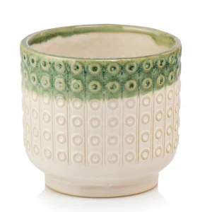 Doniczka ceramiczna osłonka okrągła vintage beżowo-zielona 14cm
