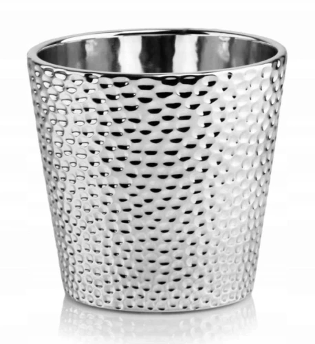 Doniczka ceramiczna osłonka okrągła tłoczenia srebrna 14cm