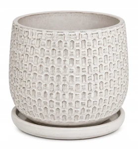 Doniczka ceramiczna z podstawką osłonka okrągła tłoczenia beżowa 35cm