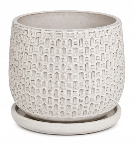 Doniczka ceramiczna z podstawką osłonka okrągła tłoczenia beżowa 35cm