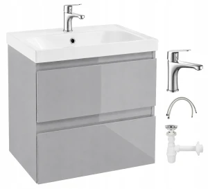 Szafka łazienkowa z umywalką i baterią Chrom wisząca Szary Połysk 60cm Diamente