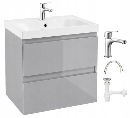 Szafka łazienkowa z umywalką i baterią Chrom wisząca Szary Połysk 60cm