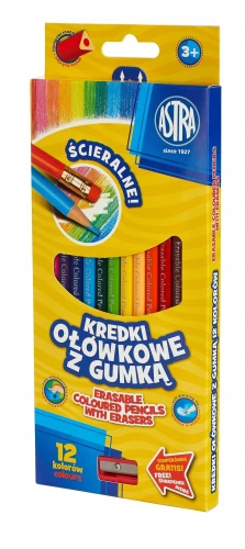 Astra Kredki ołówkowe trójkątne ścieralne z gumką 12 kolorów