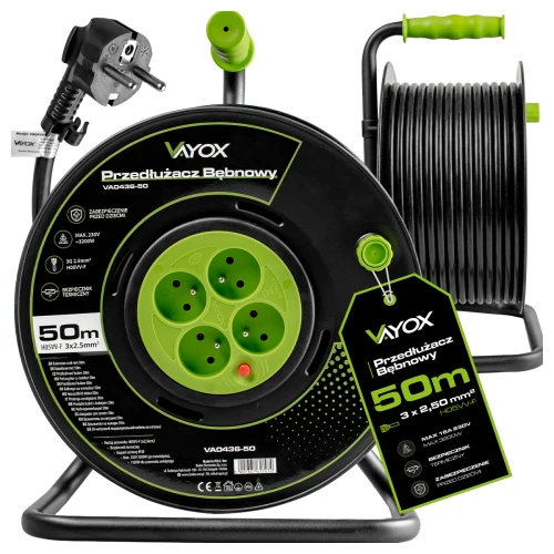 Vayox Przedłużacz bębnowy 3x2,5 mm2 16A 4 gniazda czarno-zielony 50m