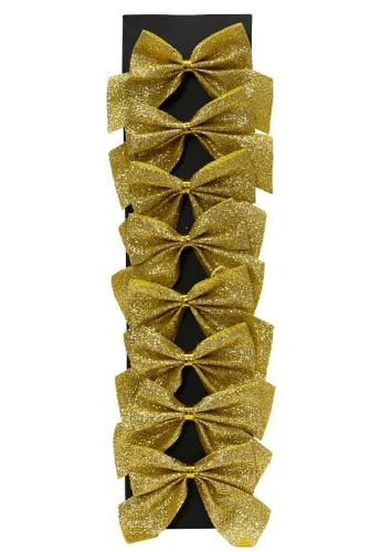 Kokardy świąteczne poliestrowe na choinkę brokatowe złote 5,5x6cm 8szt