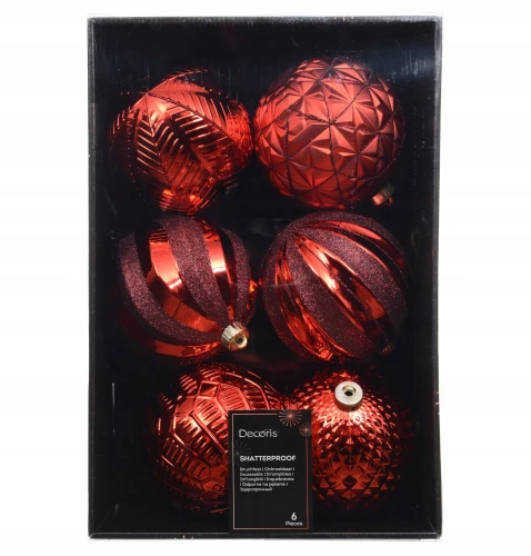 Bombki choinkowe plastikowe dekorowane czerwone 15cm 6 szt