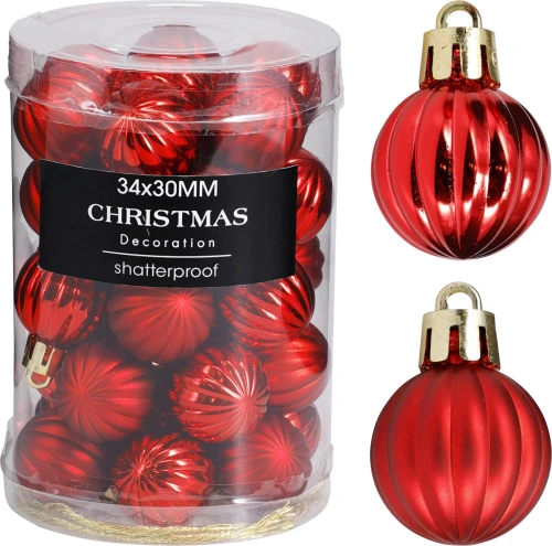 Bombki choinkowe plastikowe okrągłe ryflowane czerwone 3cm 34szt